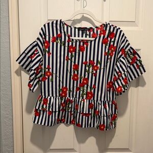 Sweet Rain Kids Floral Striped Blouse - Red and Blue